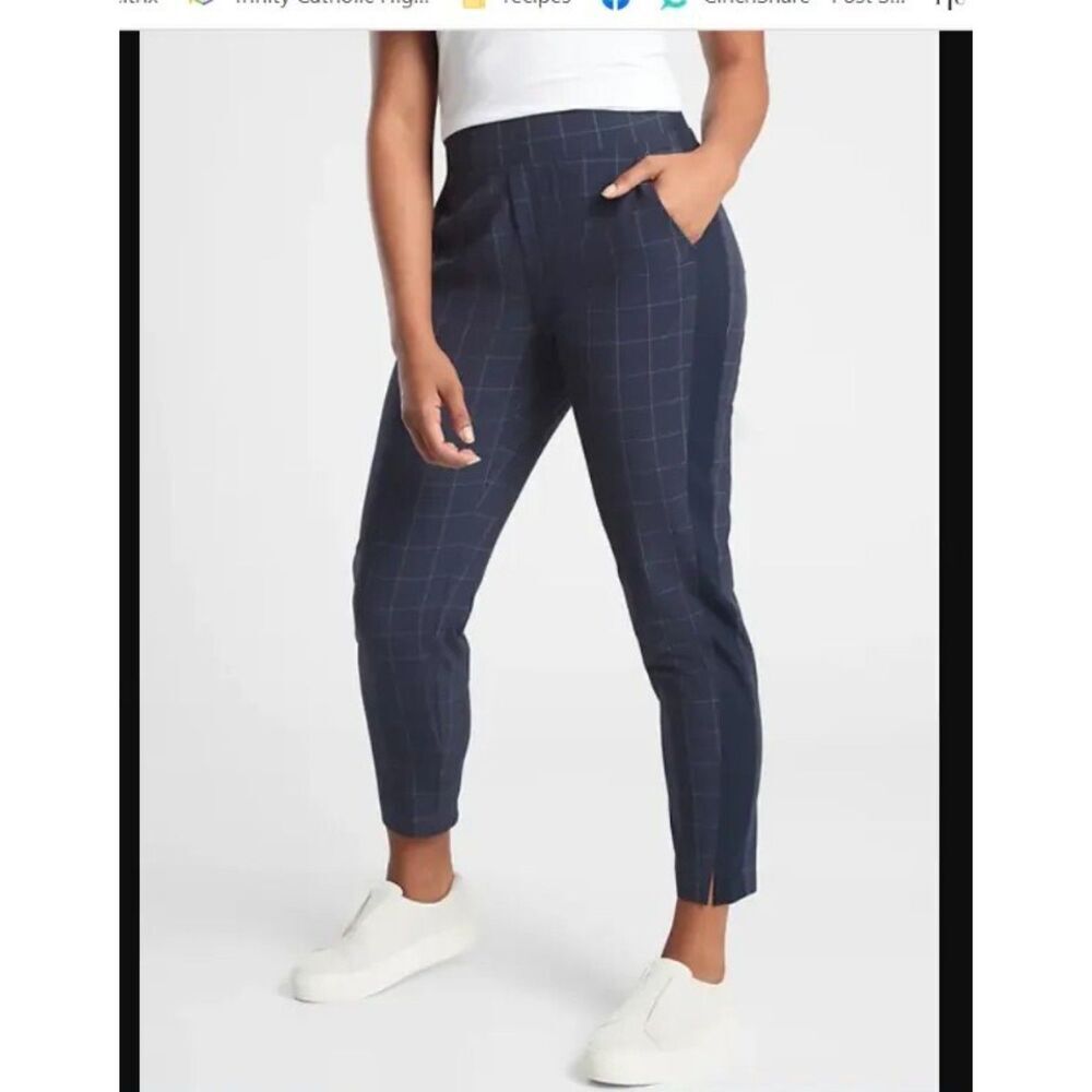 ATHLETA Brooklyn Textured Ankle Pant Windowpane Navy Blue Athletic Plaid Size 20